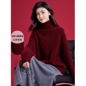 【Thickened 100% Lambswool】High Neck Cable Knit Classic Women's Sweater Red XL
